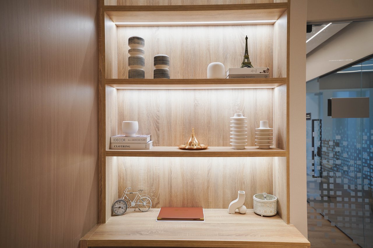 Backlit display shelving in a Business Square office interior