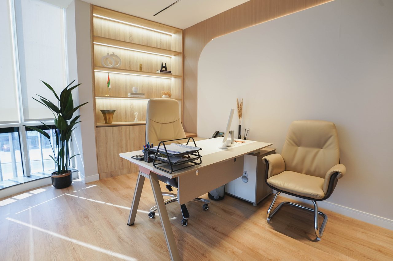 Office workspace with planting, shelving and daylight