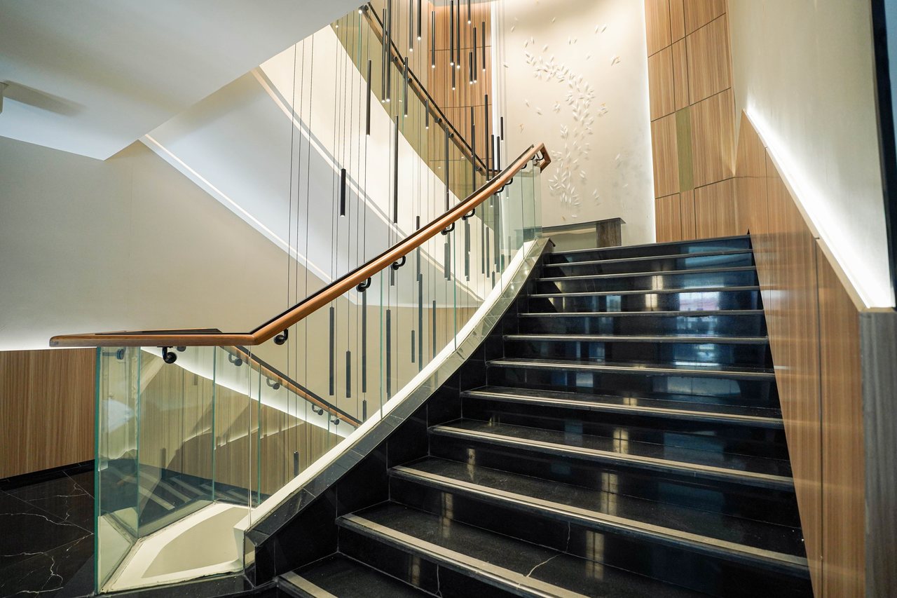 Ascending flight of the Business Square feature staircase