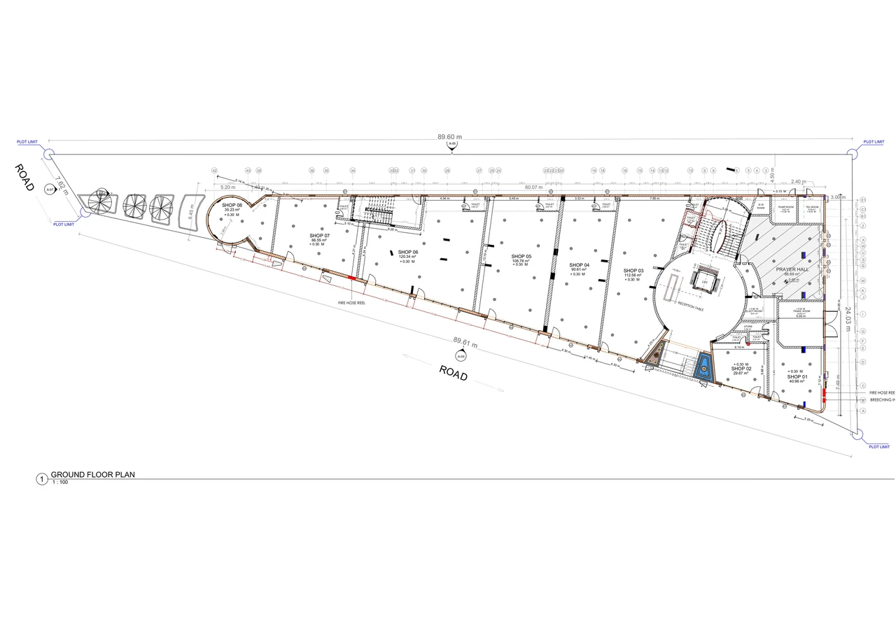 Ground floor plan of Business Square showing eight retail units, the male and female prayer halls, the reception and lift core, and the building services rooms.