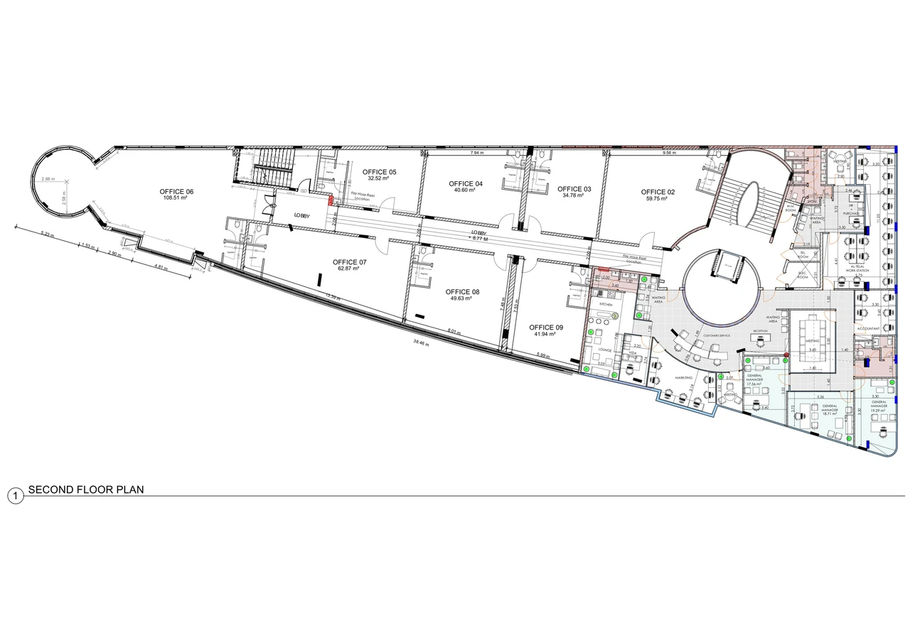 Second floor plan of Business Square showing the top-level office suites, the lobby and the stair and lift core beneath the glazed dome.